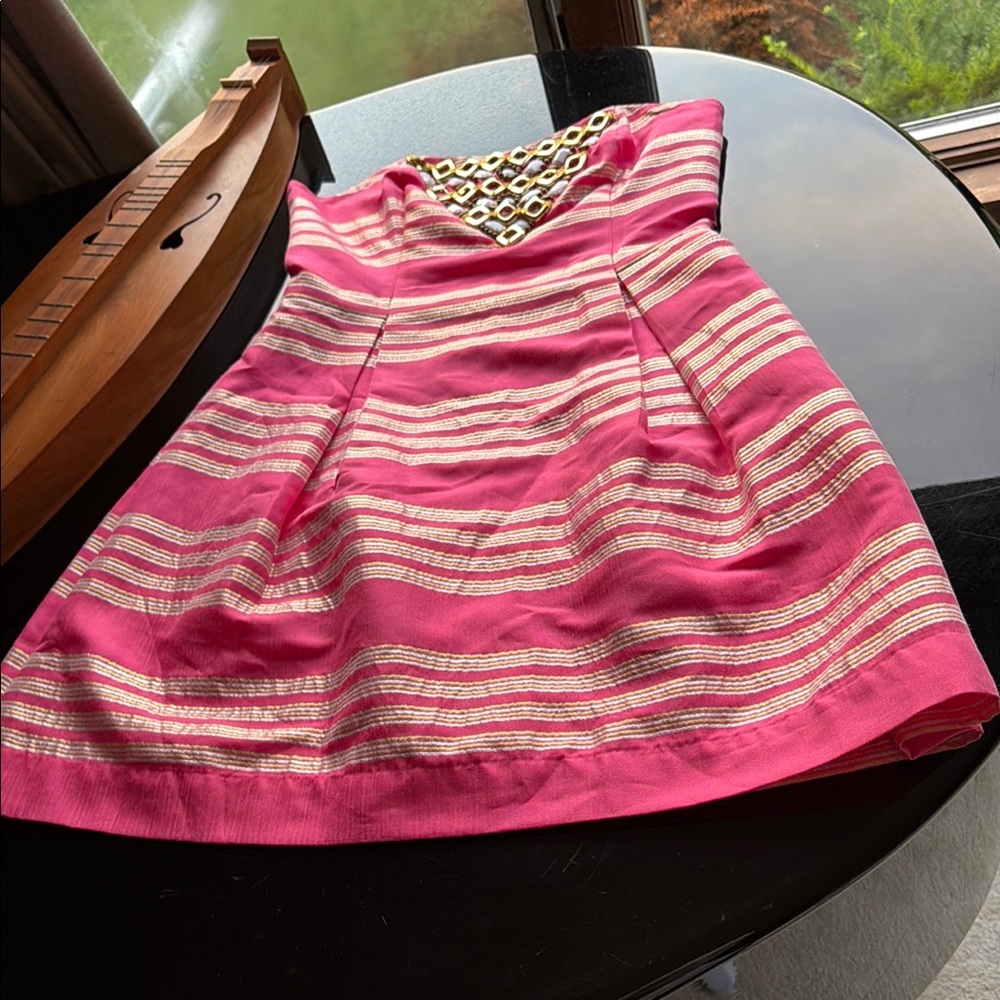 Lily Pulitzer Pink Strapless Dress with Metallic Gold Stripe and Gems